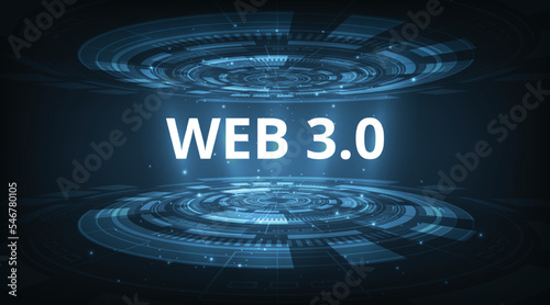 Web 3.0 text on podium 3d technology illustration vector.Concept of upgrade new Technology on futuristic background.