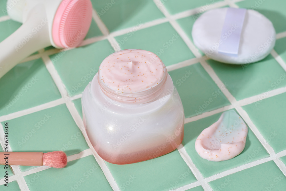 Face scrub in plastic jar. Sugar scrub for face. Home care Face scrub in plastic jar. Sugar scrub for face. Home care
