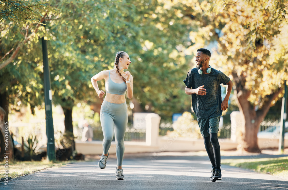Obraz premium Fitness park, diversity and running couple workout for cardio health, sports exercise or body wellness in nature. Freedom peace, athlete runner and happy friends, team or black man and woman training
