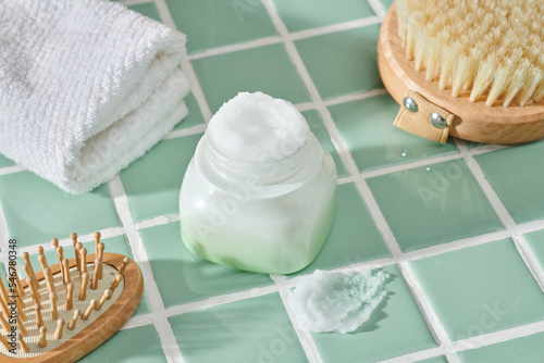 Beautiful spa composition on a table top view with place for text.