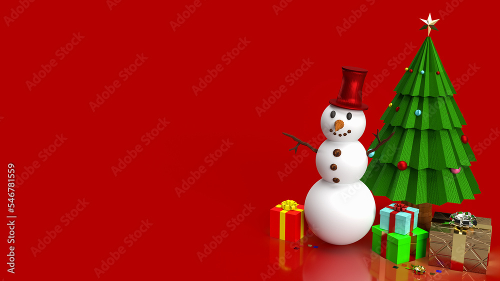 The snowman and Christmas tree on red background 3d rendering