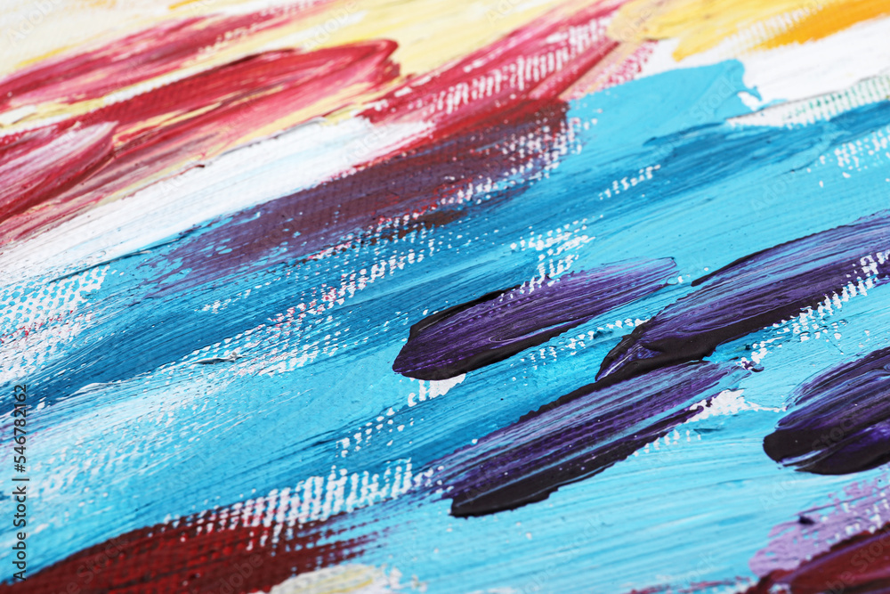Obraz premium Beautiful strokes of colorful oil paints on white canvas as background, closeup