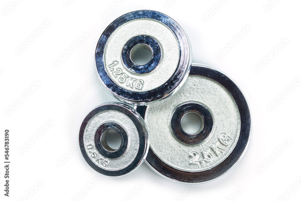 dumbbell silver set top view on white background.