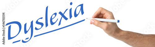 Man writing word Dyslexia on white background, closeup. Banner design