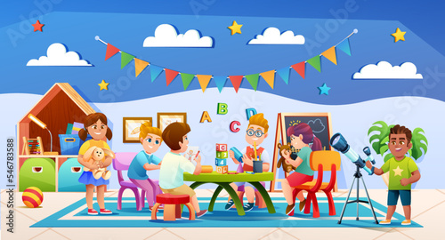 Cheerful kids playing together in kindergarten classroom vector illustration