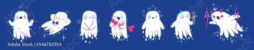 Cute ghosts cartoon Halloween character set. Funny spook creature emotions. Spooky spirits, smile, sleep, frighten with angry. Adorable fantasy personage emotions or feelings, Linear Vector personages