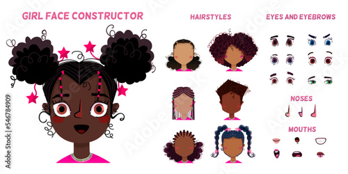 Baby girl face generator with different eyes and mouth expression. Pack of hairstyle and head parts of cute african american child isolated on white background, vector cartoon set