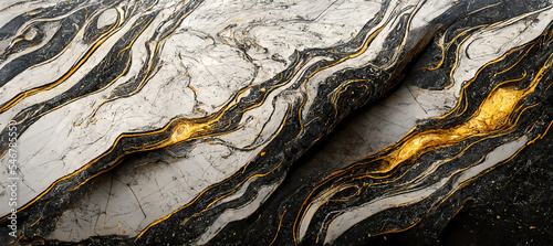 Panel kuchenny z motywem The texture of black and white marble with gold veins. Natural pattern. Abstract 3D illustration of marble surface for backgrounds, wallpapers, photo wallpapers, murals, posters.