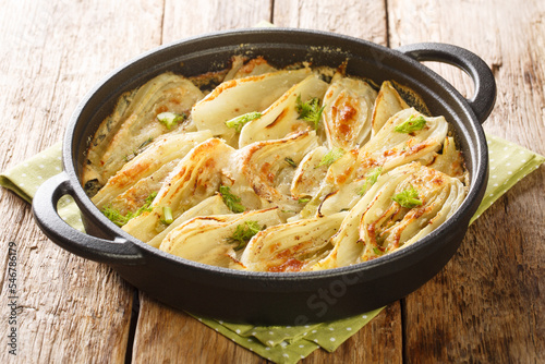 Fennel casserole with parmesan cheese and bechamel sauce close-up in a frying pan on the table. Horizontal