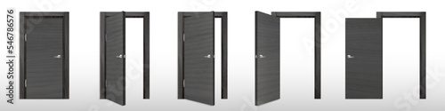 Realistic set of open and closed black wooden door isolated on white background. Vector illustration office or home entrance frame decoration. Frontdoor design with steel knob. Opportunities concept