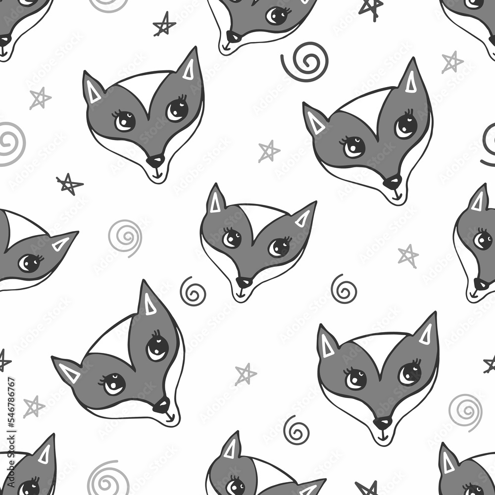Seamless pattern with cute grey foxes on white. Hand drawn vector Illustration for baby t-shirt print, fashion print design, kids wear, baby shower celebration greeting and invitation card.