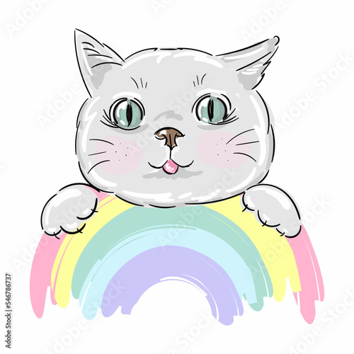 Cute cartoon cat boy or girl on rainbow and for print graphic T-shirt.