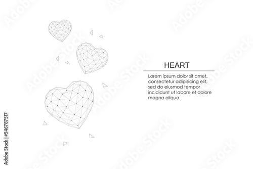 Abstract three heart shapes. Happy Valentine's day card. Low poly style design. Abstract geometric background. Wireframe light structure on white