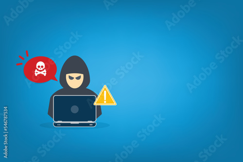 Hacker, Cyber criminal with laptop stealing user personal data. Hacker attack and web security. Internet phishing concept. Hacker in black hood with laptop trying to cyber attack.