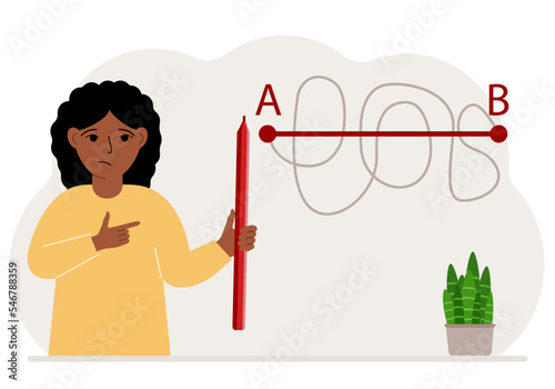 Little girl with a red pencil in her hand. A line is drawn from point A to point B, a straight and difficult path, the shortest distance to the goal, an easy or short path in study.