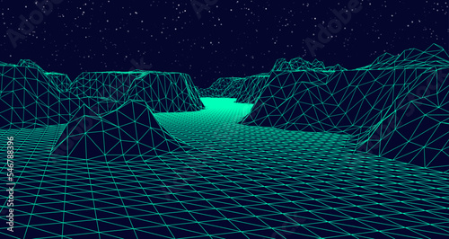 Abstract digital landscape. Wireframe landscape background with night sky full of star. 3d futuristic vector illustration.