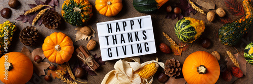 Autumn fall thanksgiving day composition with decorative pumpkins, banner