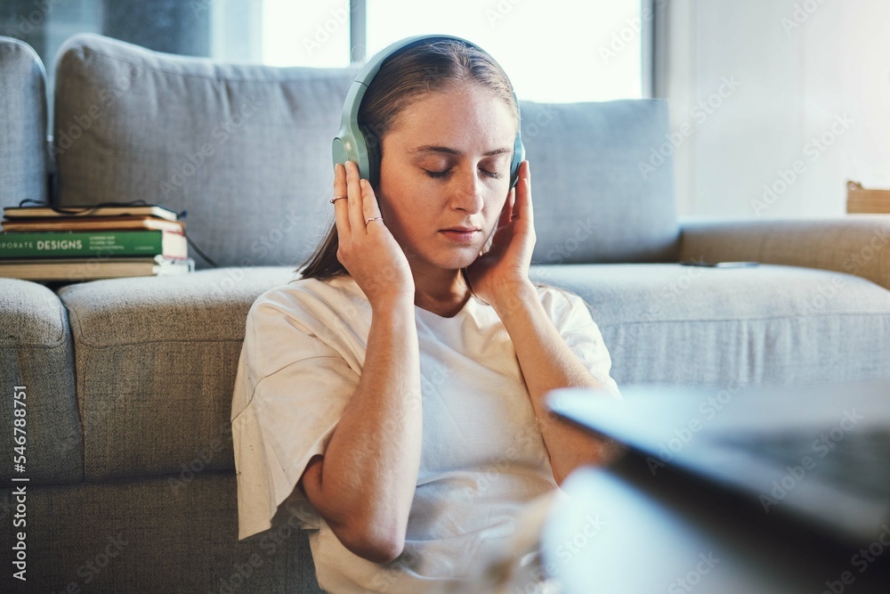 Student, stuyding and headphones for relax, mental health and wellness music for higher education. Girl, university student and break from studies for education and knowledge and comfort Student, stuyding and headphones for relax, mental health and wellness music for higher education. Girl, university student and break from studies for education and knowledge and comfort