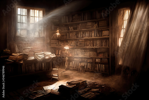 AI generated image of an old abandoned dusty room with books strewn around and cobwebs hanging 