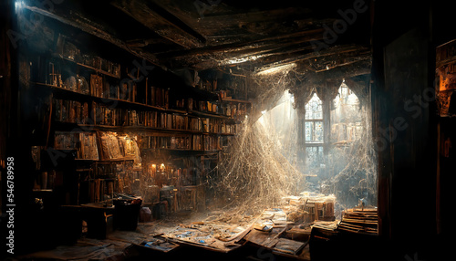 AI generated image of an old abandoned dusty room with books strewn around and cobwebs hanging 
