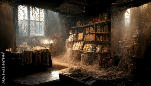 AI generated image of an old abandoned dusty room with books strewn around and cobwebs hanging  photo