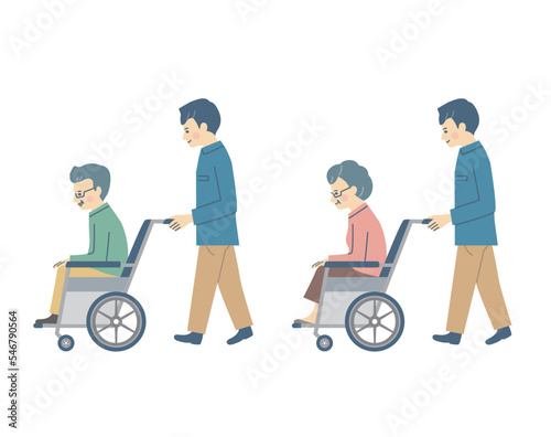 車いすを押す若い男性