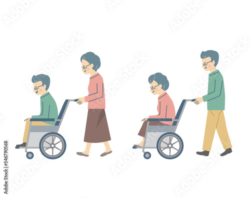 車いすを押すシニアの男女