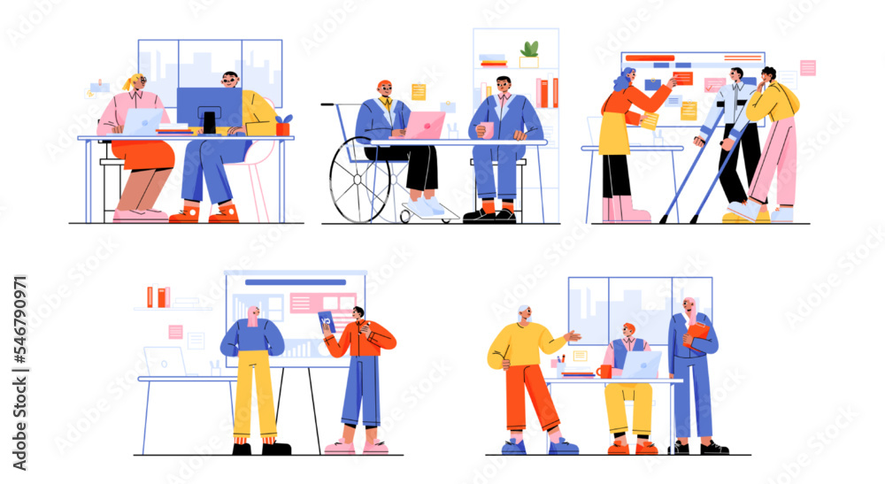 Set of business people discuss project in office. Employees meeting, disputing, communicate. Healthy and disabled colleagues team work together on plan development, Linear flat vector illustration