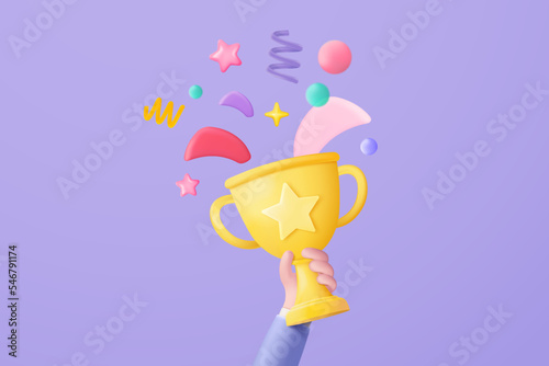 3d winners minimal with golden cup, gold winners stars with objects floating around on gold background. Award ceremony concept with cartoon style. 3d vector render isolated on purple pastel background