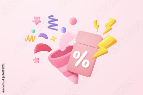 3d party poppers with flying confetti and tags sale promotion. Firecracker explodes with ribbon explode for surprise, online shopping in new year sale. 3d promo icon vector render illustration