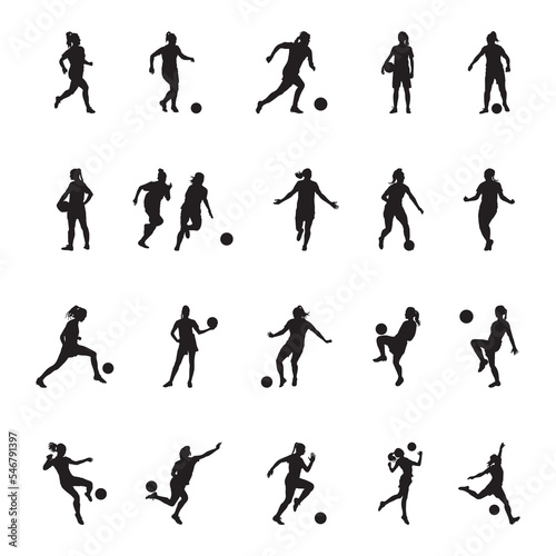 Women Soccer player silhouette, girl player vector, female soccer football player silhouette -V02. 