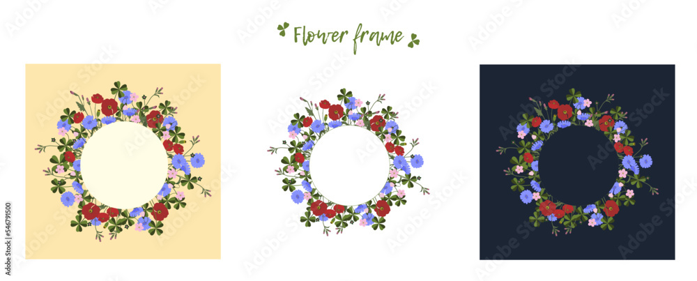 Set Wild herbs and flowers colorful round frame with space for text in the middle. Three colors are various Vector illustration cut out