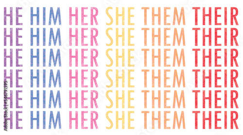 Seamless pattern background with gender pronouns. He Him Her She They Them word text. water colour effect photo