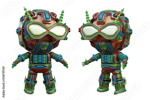 3D RENDERING ILLUSTRATION. CUTE DESIGN ROBOT CYBORG ANDROID CHARACTER ISOLATED WHITE BACKGROUND. SPACEMAN ASTRONAUT CARTOON METAL PLASTIC AI MACHINE TECHNOLOGY GAME MODEL FIGURE ART TOY. 