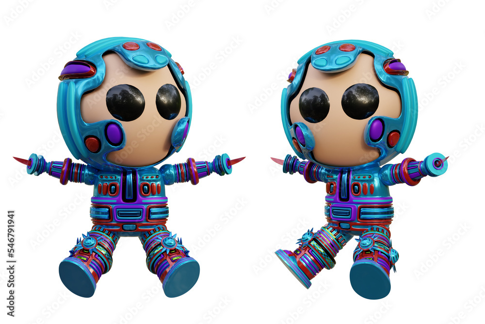 3D RENDERING ILLUSTRATION. CUTE DESIGN ROBOT CYBORG ANDROID CHARACTER ISOLATED WHITE BACKGROUND. SPACEMAN ASTRONAUT CARTOON METAL PLASTIC AI MACHINE TECHNOLOGY GAME MODEL FIGURE ART TOY.
