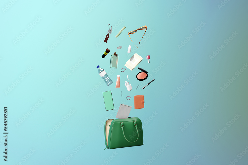 Feminine accessories coming out of a handbag. Purse contents Feminine accessories coming out of a handbag. Purse contents