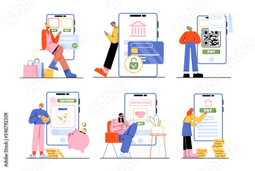 People pay, transfer money, make savings with mobile phone. Concept of digital bank service, online payment with persons with smartphone with credit card and QR bar code on screen, vector illustration