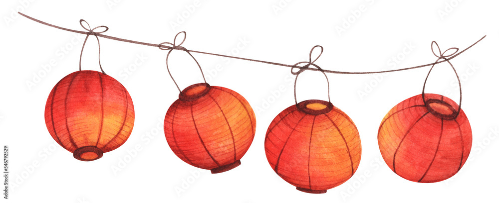 Traditional Chinese lantern.  Watercolor illustration.