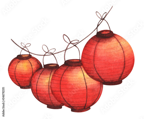Traditional Chinese lantern.  Watercolor illustration.