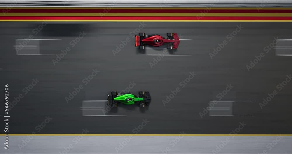 Speed Racing Car Drive on Winding Race Track to the Finish Line. Race go Karts Competition. Aerial View. Speed and Sport Concept. 3D Rendering