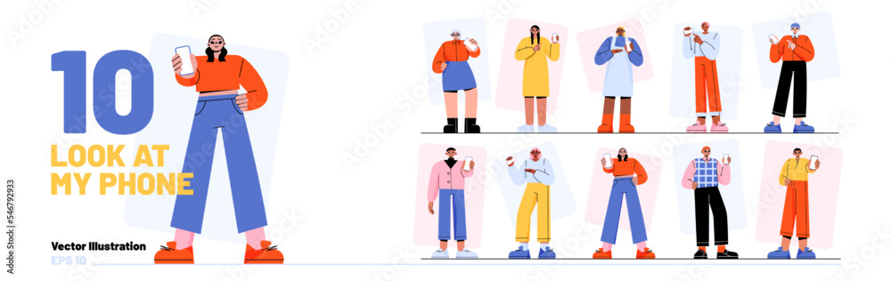 People hold mobile phone in hands and show blank screen. Diverse men and women using smartphone, looking and pointing on empty white display, vector flat illustration People hold mobile phone in hands and show blank screen. Diverse men and women using smartphone, looking and pointing on empty white display, vector flat illustration