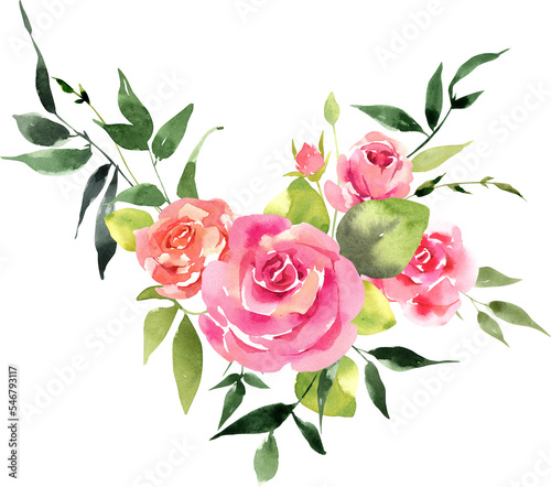 Spring Bouquet of pink roses watercolor illustration