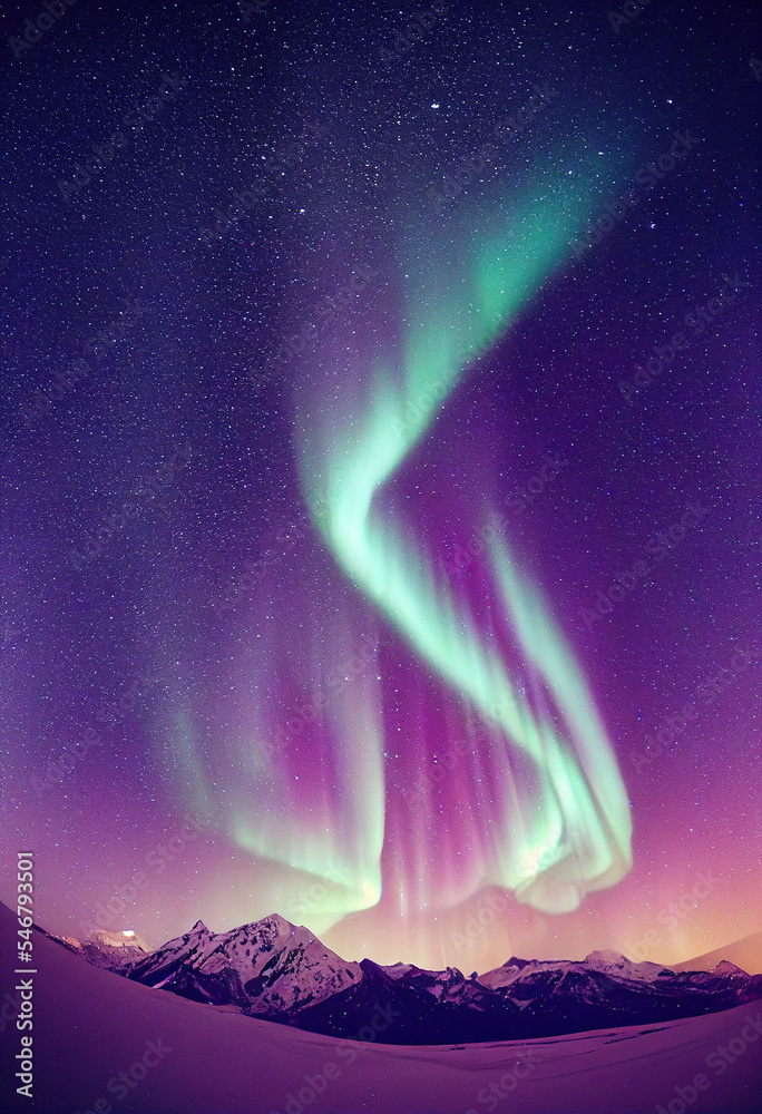 Snow mountains with background of Milky way , Huge aurora hanging in the clean dark purple night sky, sparkling stars as charming as diamonds, towering snow mountains, covered with layers of white sno - obrazy, fototapety, plakaty 