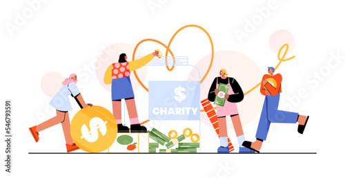 People donate money for charity, put coins and bills with heart in glass jar. Women and men volunteers give cash for financial help, social aid, donations, vector flat illustration
