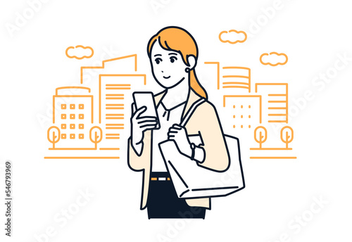 通勤中にスマートフォンを見る若い女性のシンプルなベクターイラスト素材