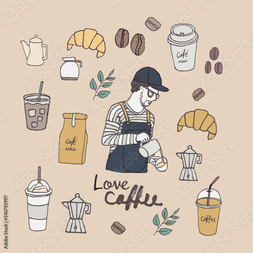 Barista and coffee elements, freehand drawn vector on brown background