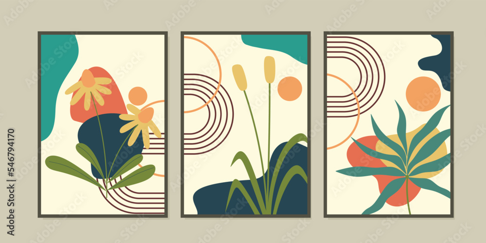 Abstract terrazzo style background set with pastel color hand drawn geometric shapes and lines and tropical leaves silhouettes. print for decoration, wall art, interior, wallpapers, covers, posters