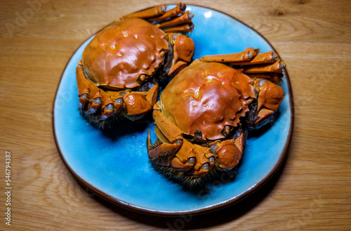 Cooked hairy crabs on the table. photo