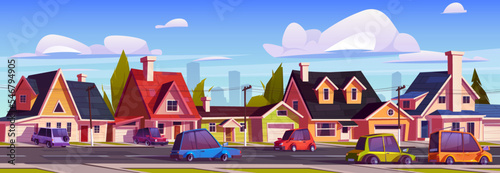 Tela Suburb street with houses and driving cars, suburban with residential district w