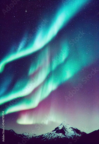 Snow mountains with background of Milky way , Huge aurora hanging in the clean dark purple night sky, sparkling stars as charming as diamonds, towering snow mountains, covered with layers of white sno